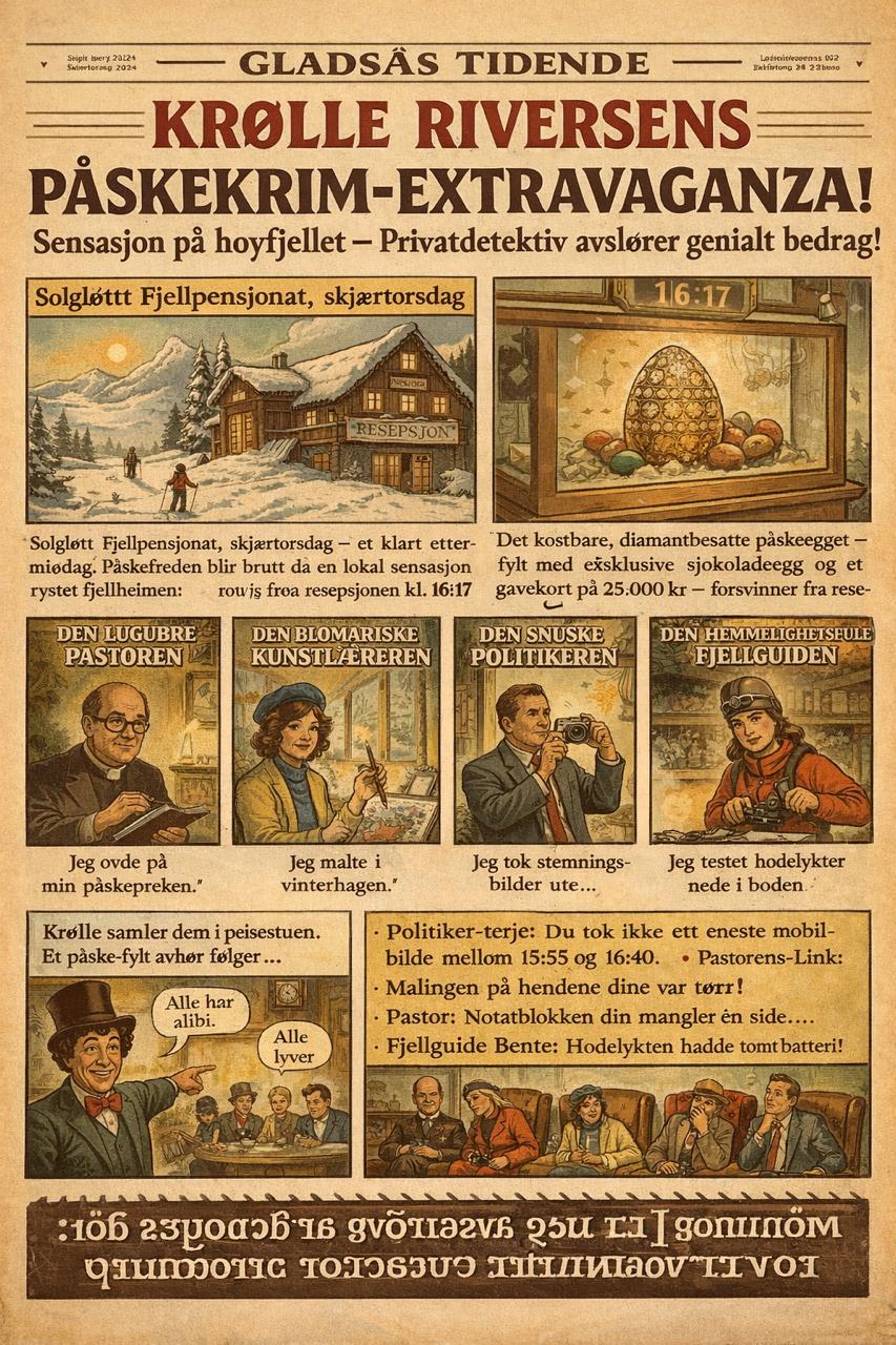 Krølle Riversens Påskekrim-Extravaganza — avisforside fra Gladsås Tidende med fire mistenkte og et forsvunnet påskeegg