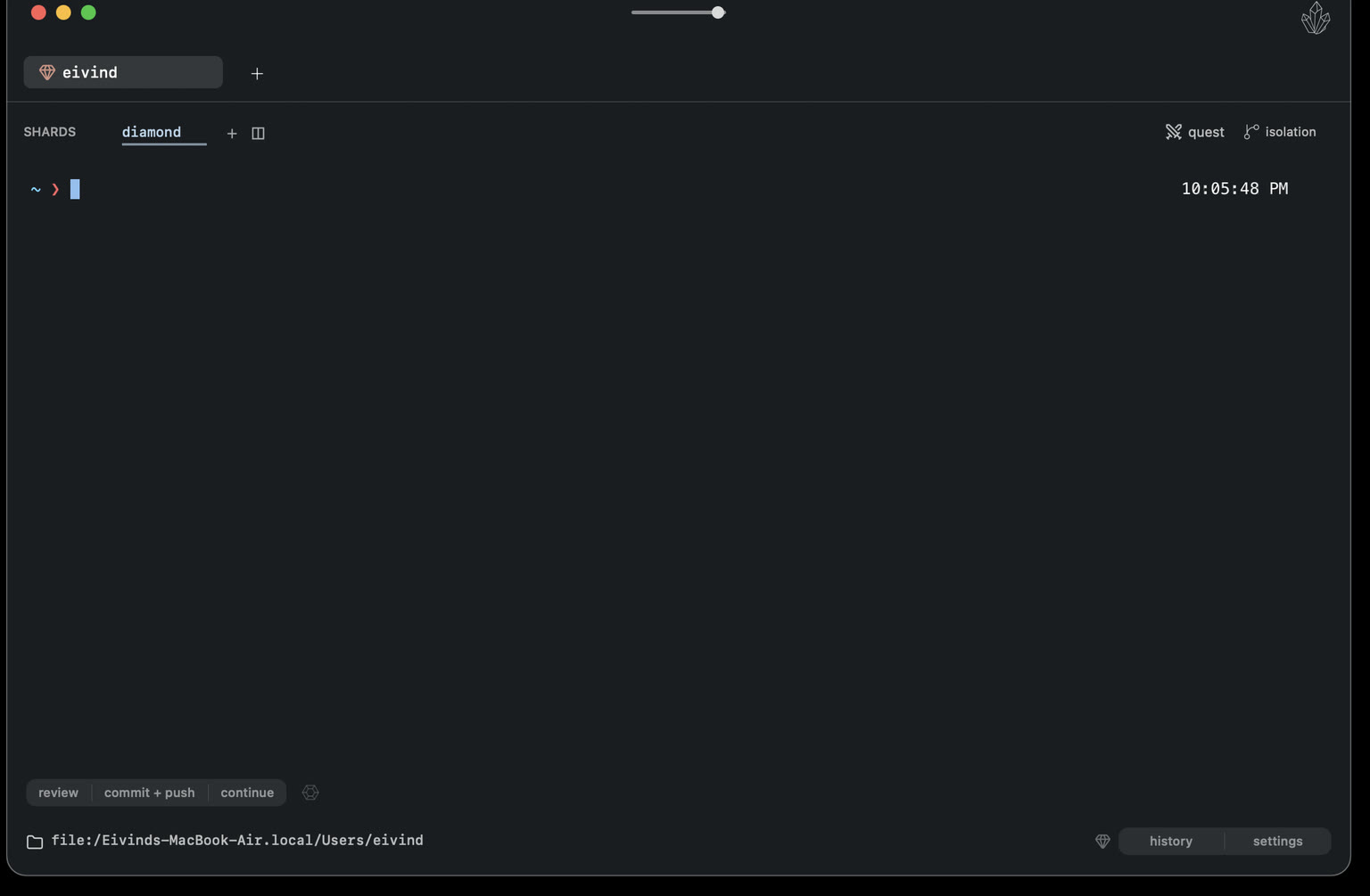 Crystl ved oppstart: ett prosjekt, én shard, knappene review, commit og continue nederst.